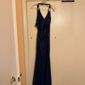 Dark blue sequined prom dress